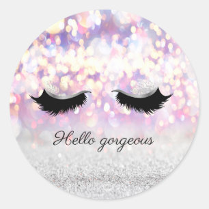 Modern Cool Pink Silver Glitter Bokeh,Faux Lashes Classic Round Sticker