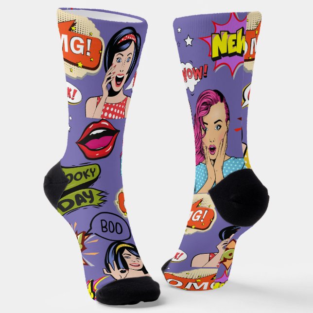 Modern cool pop art Colourful cartoon purple Socks (Angled)