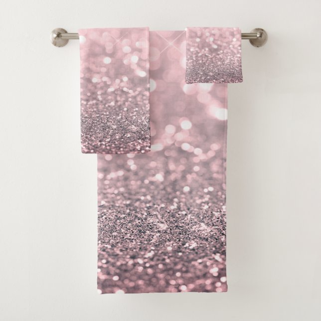 Modern Cool Rose Gold Glitter Bokeh Bath Towel Set (Insitu)