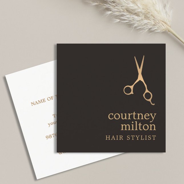 Modern Cool Simple Black Faux Gold Hair Stylist Square Business Card (Creator Uploaded)