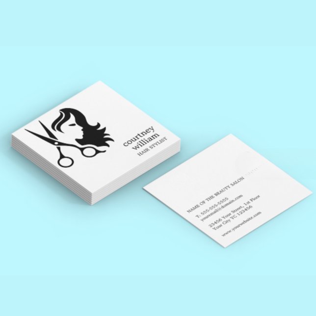 Modern Cool Simple Black White Hair Stylist  Square Business Card (Modern Cool Simple Black White Hair Stylist Square Business Card)