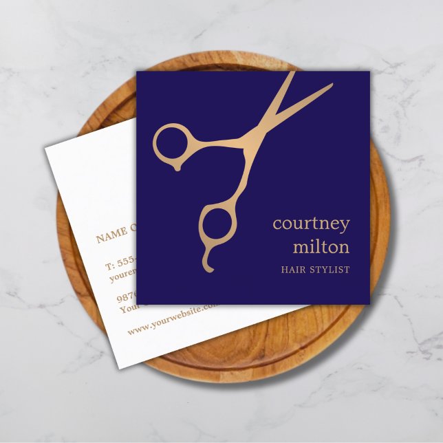 Modern Cool Simple Blue Faux Gold Hair Stylist Square Business Card (Creator Uploaded)