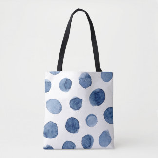 Modern cool summer beach blue watercolor dots tote bag