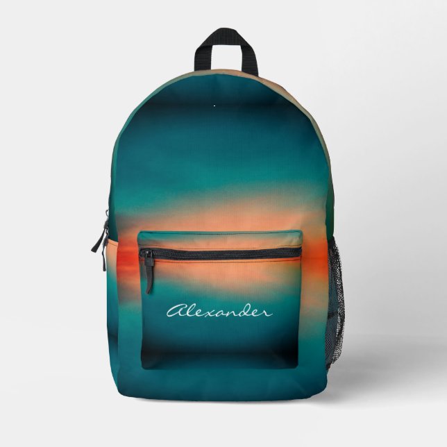 Modern Cool Sunset Gradient Teal Green Orange Name Printed Backpack (Front)