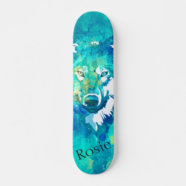 Modern cool teal blue green watercolor wolf skateboard (Front)