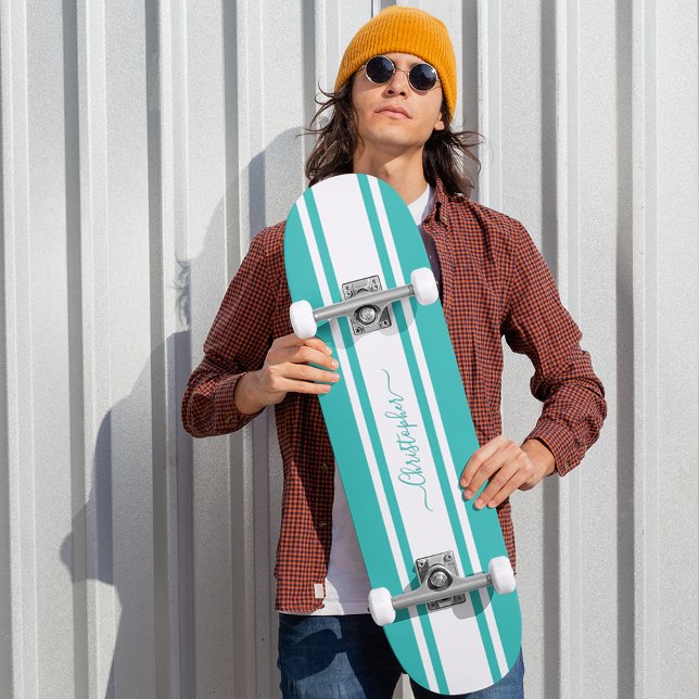 Modern Cool Teal White Racing Stripes Monogrammed Skateboard (Modern Cool Teal White Racing Stripes Monogrammed Skateboard)