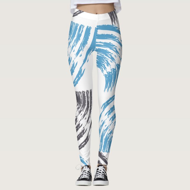 Modern, cool, trendy blue abstract brush strokes leggings (Front)