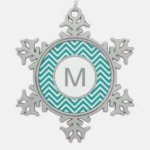 Modern, cool, trendy teal chevron zigzag pattern m snowflake pewter christmas ornament