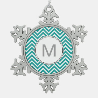 Modern, cool, trendy teal chevron zigzag pattern m snowflake pewter christmas ornament