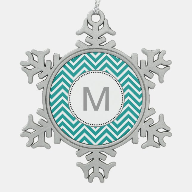 Modern, cool, trendy teal chevron zigzag pattern m snowflake pewter christmas ornament (Front)