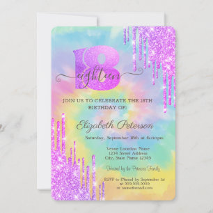 Modern Cool Violet Glitter Drips Tie Dye 18th  Invitation