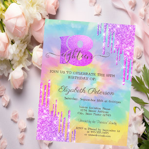 Modern Cool Violet Glitter Drips Tie Dye 18th Invitation