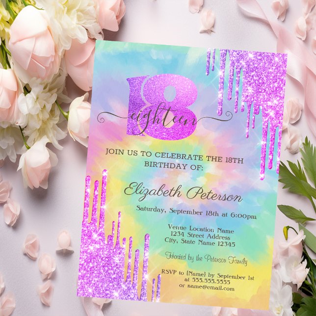 Modern Cool Violet Glitter Drips Tie Dye 18th  Invitation (Creator Uploaded)