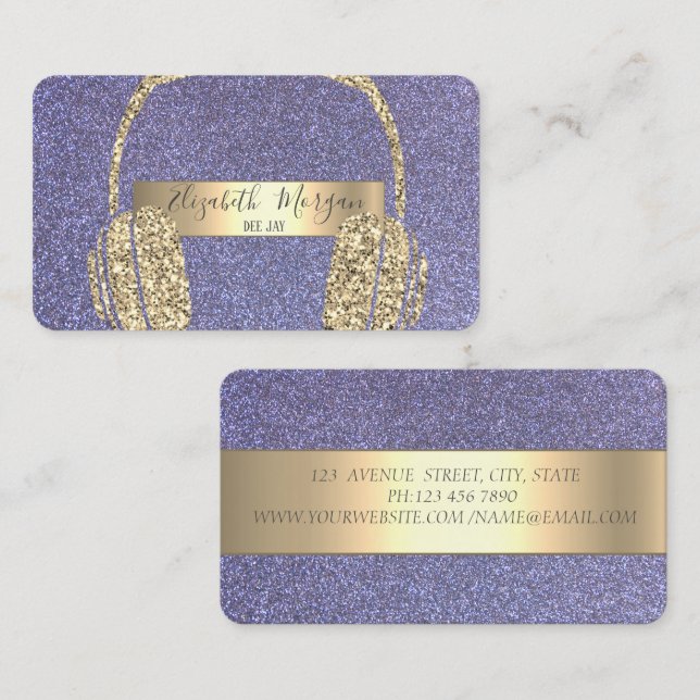 Modern Cool Violet Glitter Headphone DJ Business Card (Front/Back)