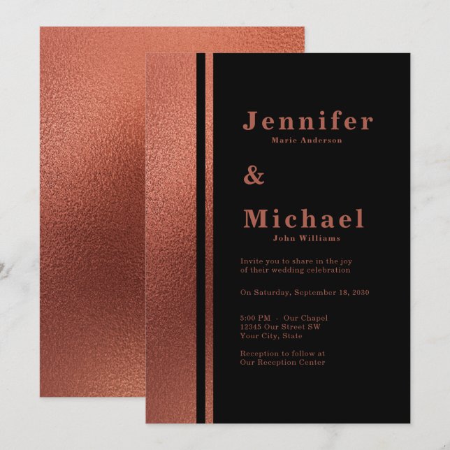 Modern Copper & Black Elegant Wedding Invitation (Front/Back)