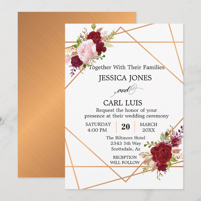 Modern Copper Blush Pink Burgundy Geometric Floral Invitation (Front/Back)
