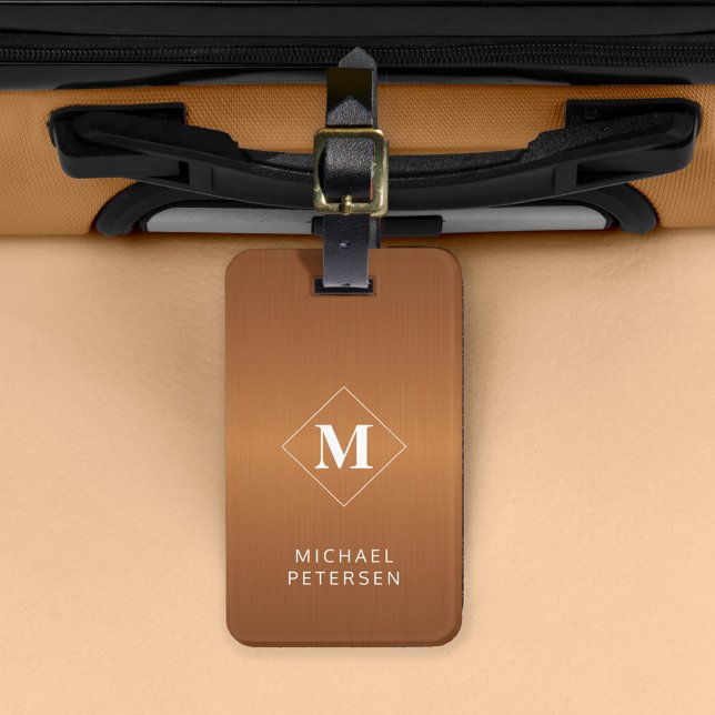 Modern copper brushed metal monogrammed luggage tag (Creator Uploaded)