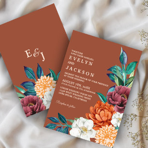 Modern Copper Fall Terracotta Floral Wedding Invitation