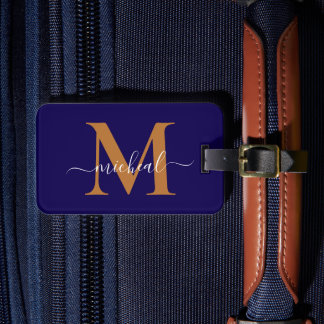 Modern Copper Golden & Blue Monogram Script Name Luggage Tag