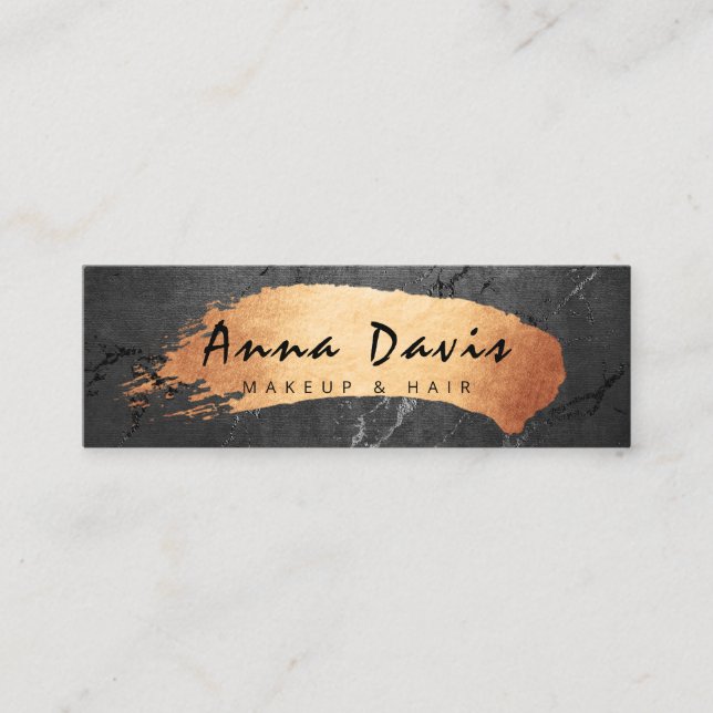 Modern copper rose gold brushstroke makeup & hair mini business card (Front)