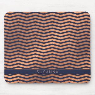 Modern Copper Rose Gold Foil Chevron Navy Blue Mouse Mat