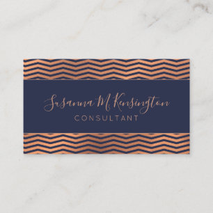 Modern Copper Rose Gold Foil Navy Blue Chevron Business Card