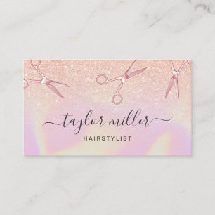 Modern copper rose gold holographic hairstylist business card