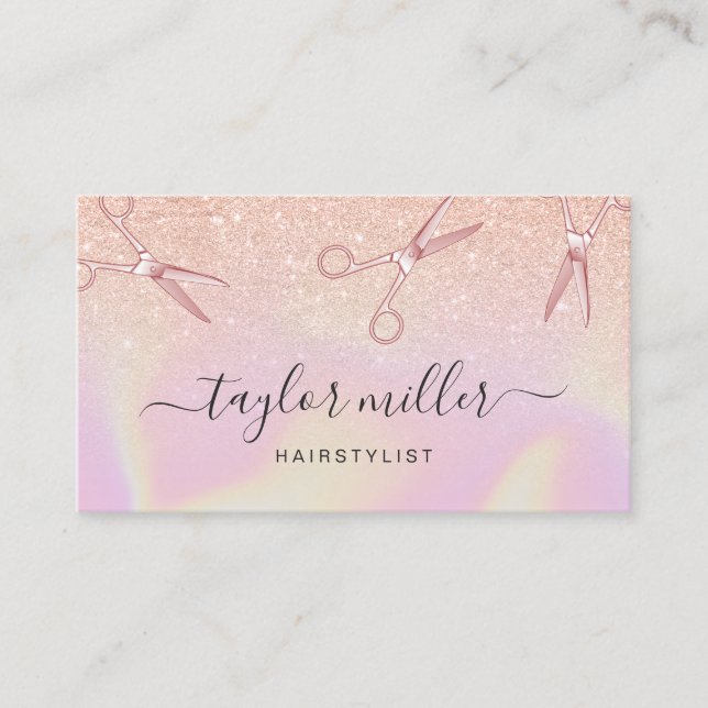 Modern copper rose gold holographic hairstylist business card (Front)
