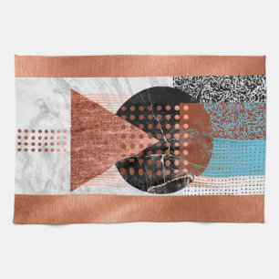 Modern Copper Teal Blue Black Geometric Patterns Tea Towel