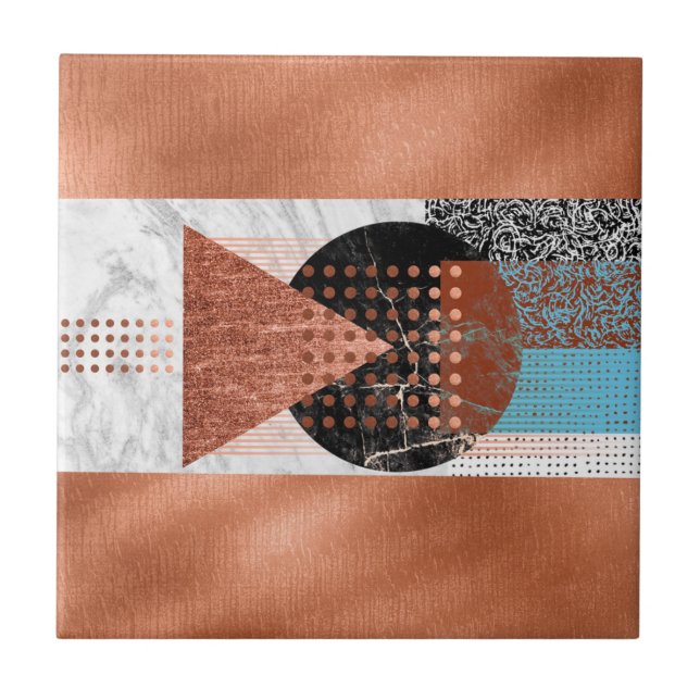 Modern Copper Teal Blue Black Geometric Patterns Tile (Front)