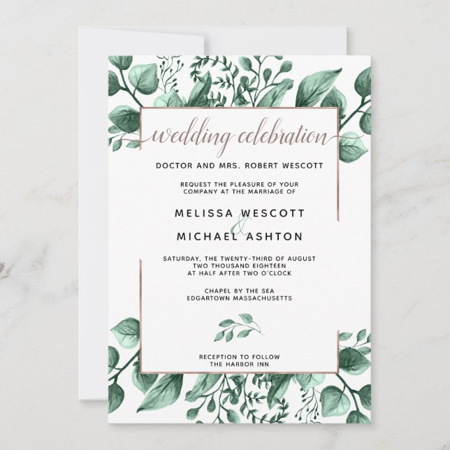 Modern Copper & Watercolor Greenery Leaves Invitation (Front)