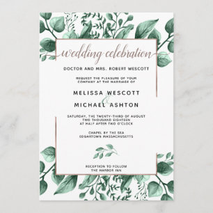 Modern Copper & Watercolor Greenery Leaves Invitation