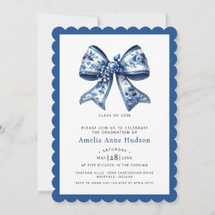 Modern Coquette Blue Floral Bow Graduation Party Invitation