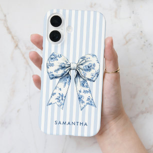 Modern Coquette Blue Stripes Girly Bow Custom Name iPhone 16 Case