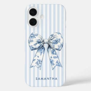 Modern Coquette Blue Stripes Girly Bow Custom Name iPhone 16 Case