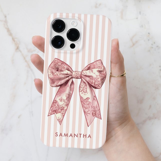 Modern Coquette Pink Stripes Girly Bow Custom Name Case-Mate iPhone Case (Modern Coquette Pink Stripes Girly Bow Custom Name Case-Mate iPhone Case)