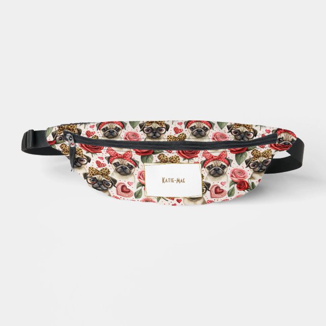 Modern Coquette Pug Dog Pattern Personalised  Bum Bags (Front)