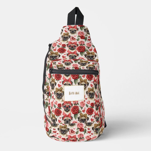 Modern Coquette Pug Dog Pattern Personalised  Sling Bag (Front)