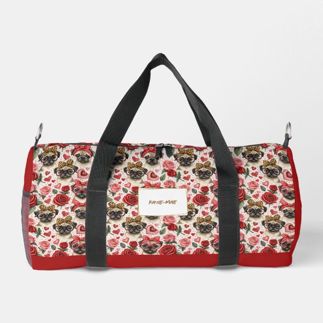 Modern Coquette Pug Dog Pattern Personalised Small Duffle Bag (Back)