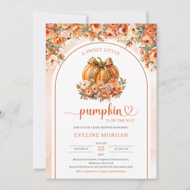 Modern coquette pumpkin with leopard bow fall arch invitation (Front)