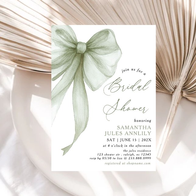 Modern Coquette Sage Green Bow Bridal Shower Invitation (Creator Uploaded)
