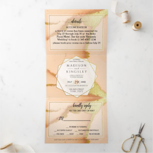 Modern Coral Abstract 🌸 Inky Oil Wedding  Tri-Fold Invitation