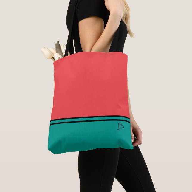 Modern Coral and Aquamarine Monogram Tote Bag (Close Up)