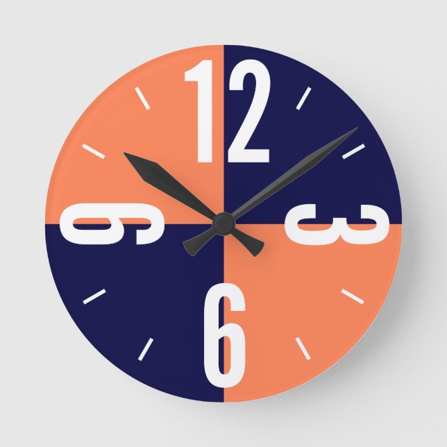 Modern coral and blue colour blocks large numbers round clock (Front)