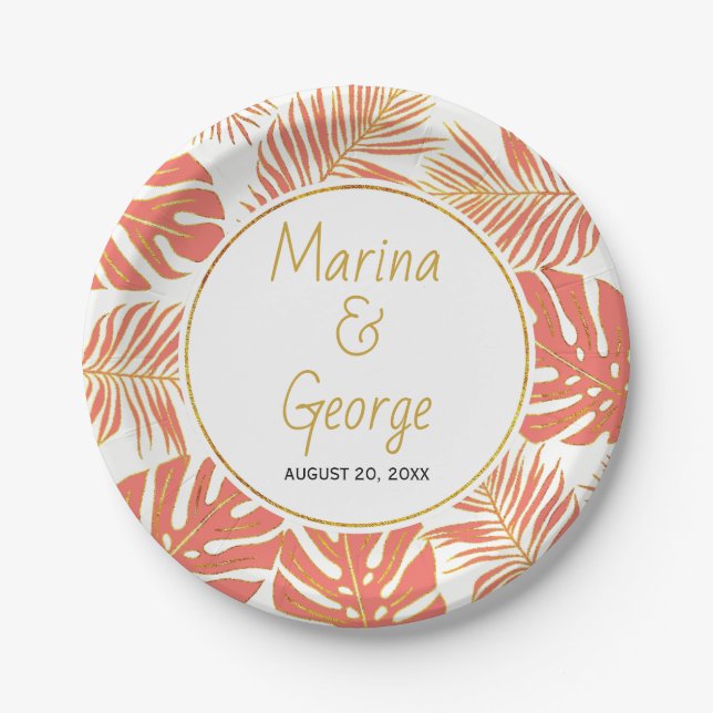 Modern coral and gold tropical leaves wedding paper plate (Front)