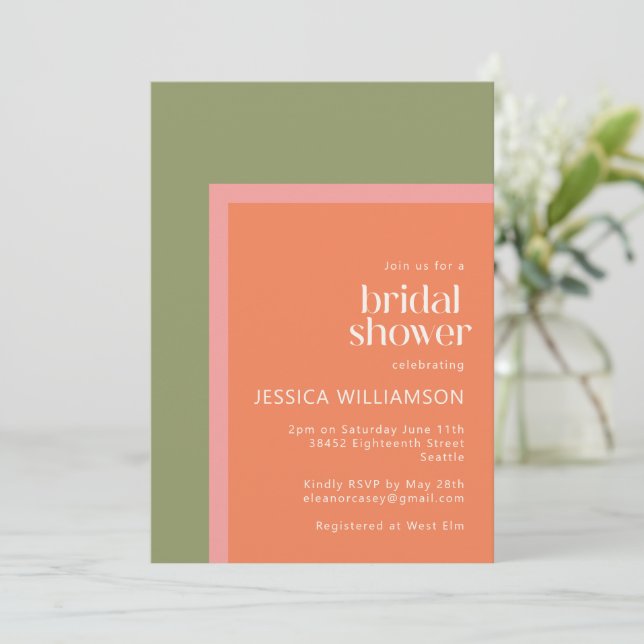 Modern Coral and Green Geometric Bridal Shower Invitation (Standing Front)