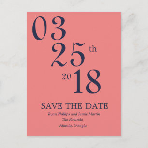 Modern Coral and Navy Save the Date Post Card