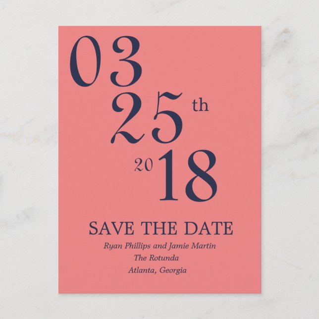 Modern Coral and Navy Save the Date Post Card (Front)