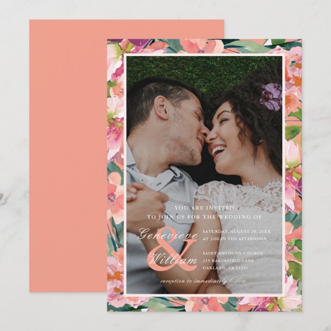 Modern Coral and Peach Floral Photo Wedding Invitation (Front/Back)