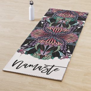 Modern Coral Black Floral Leaves Mandala Pattern Yoga Mat
